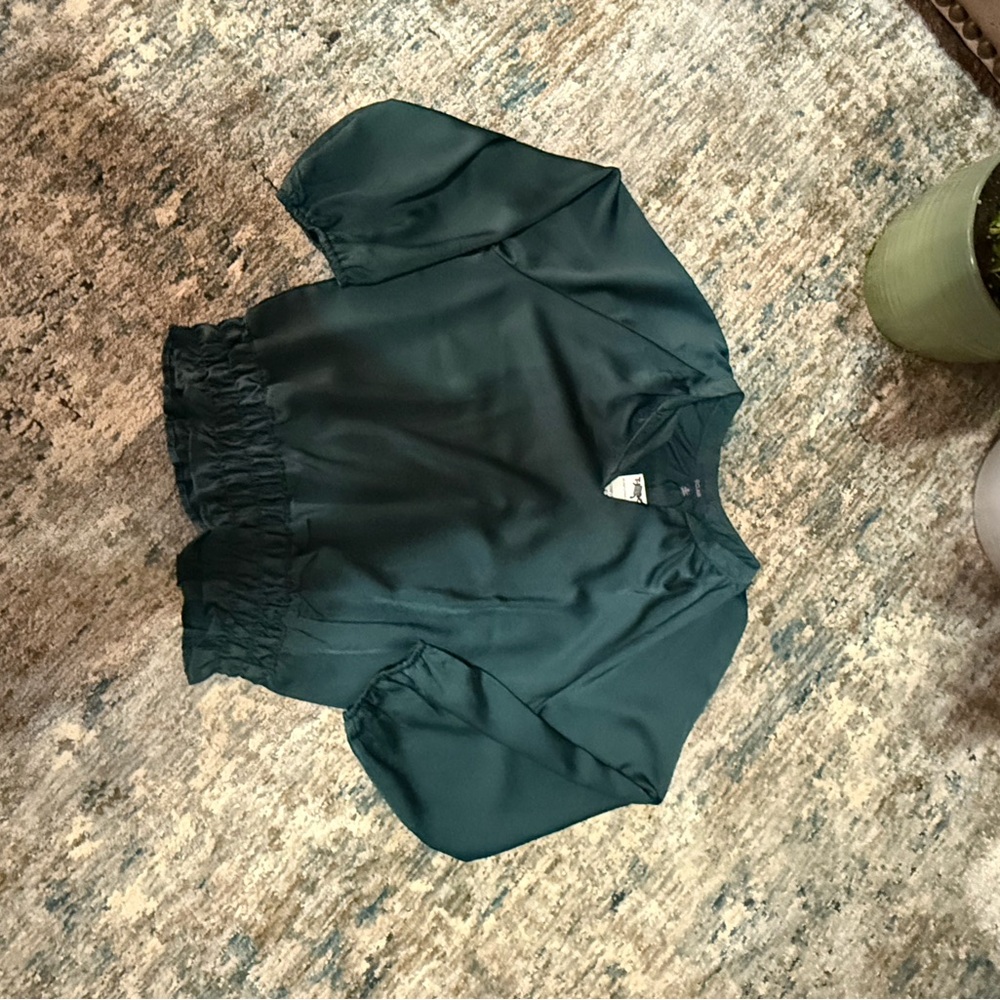 Ladies eclair elastic waste silk like blouse 
Beautiful emerald green color